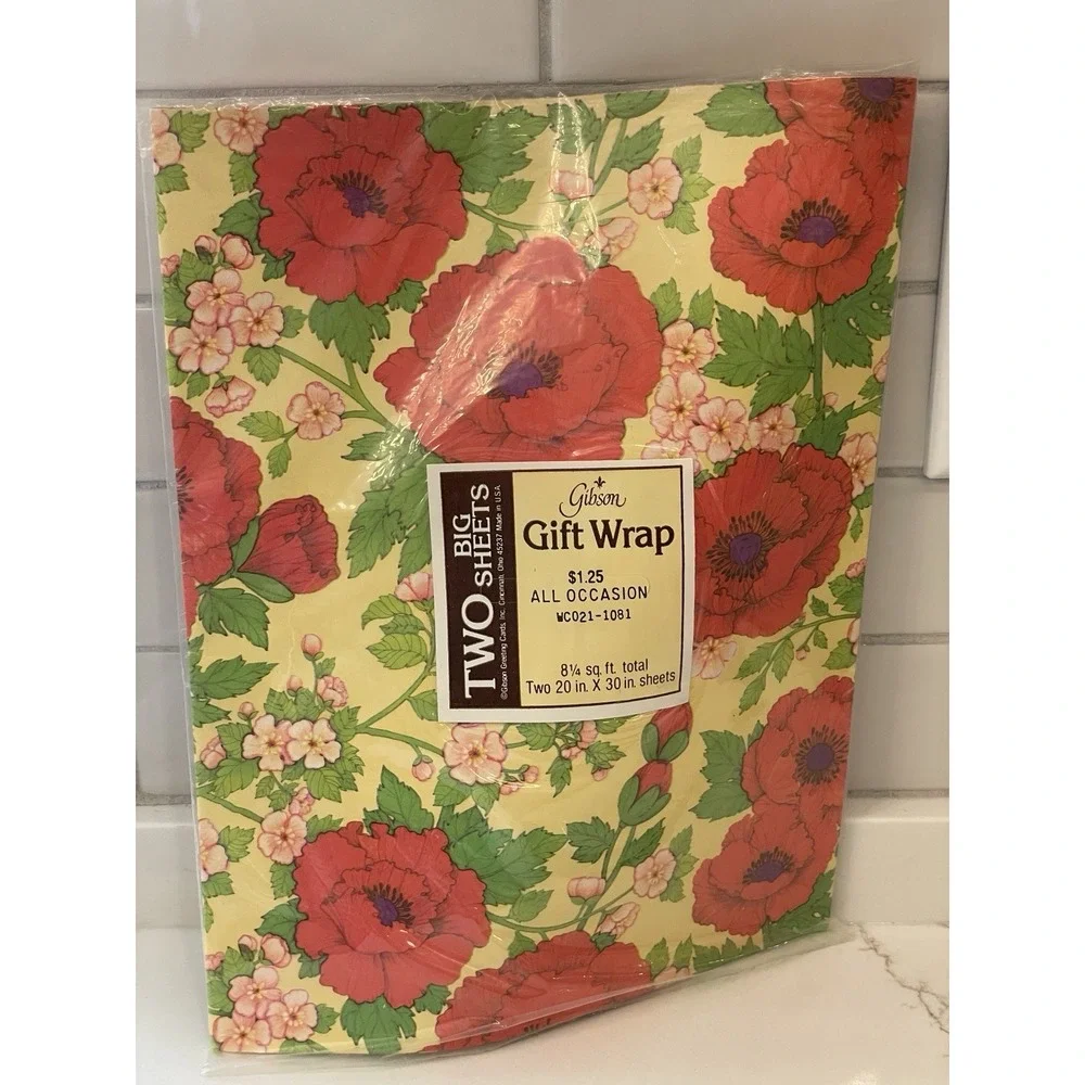 Vintage Gibson Gift Wrap Paper Set Floral Poppy 2 Big Sheets 8.25 sq ft New
